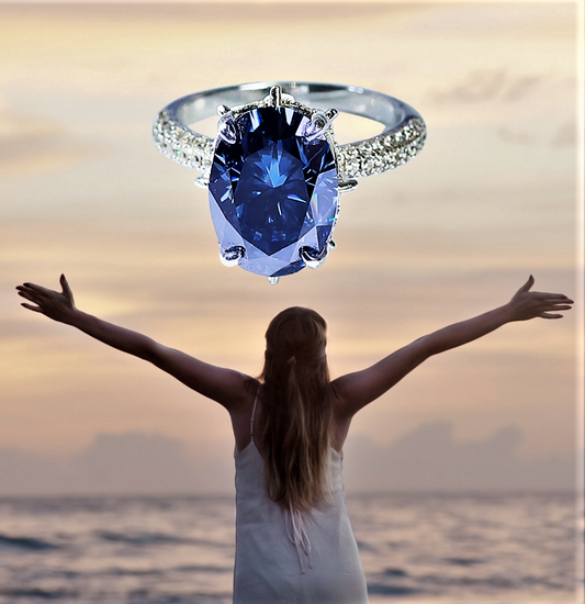 Anello con Moissanite Blu Ovale da 8 Carati: Eleganza Lineare, Profondità Ipnotica