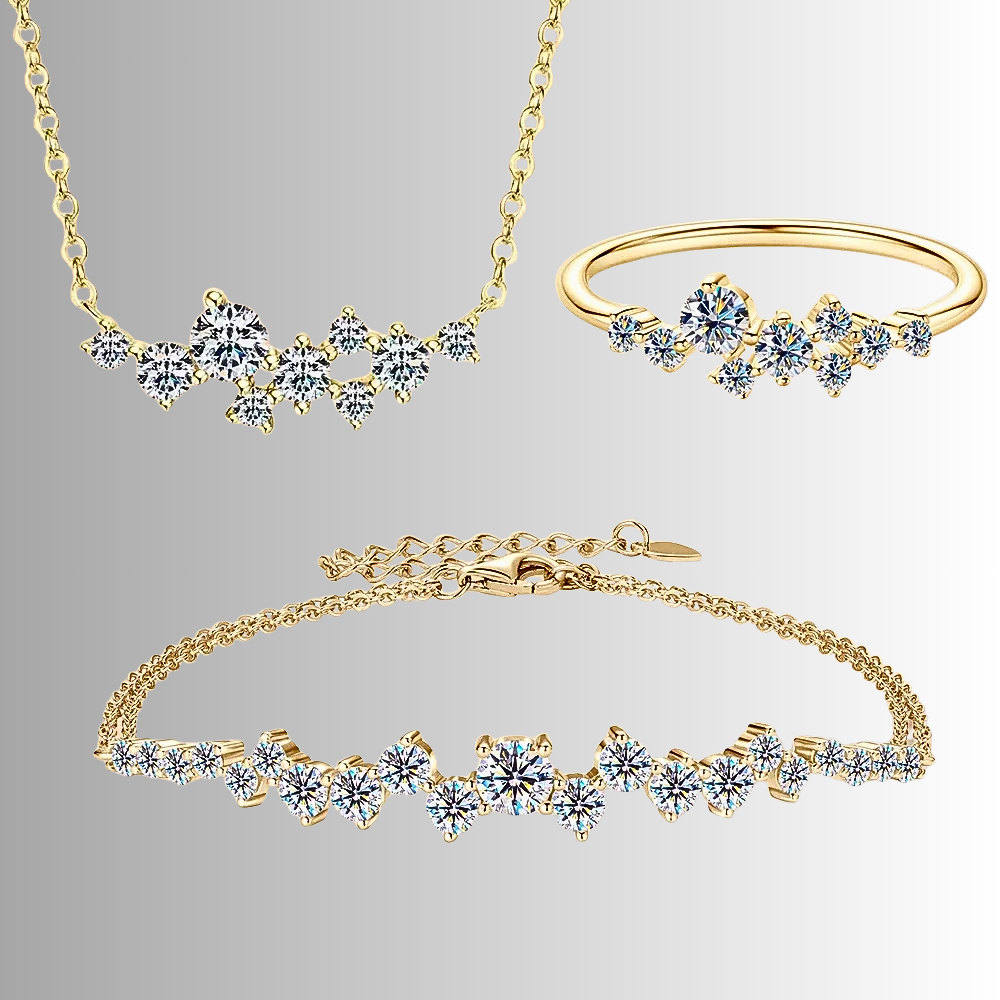 Parure Collana, Bracciale e Anello con Moissaniti Sfalsate