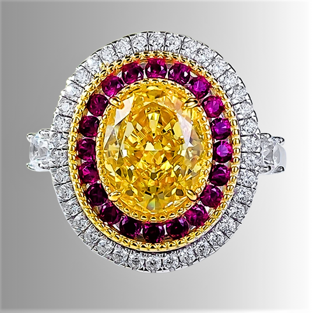 Anello con Citrino e Rubini Sintetici ad Alto Contenuto di Carbonio