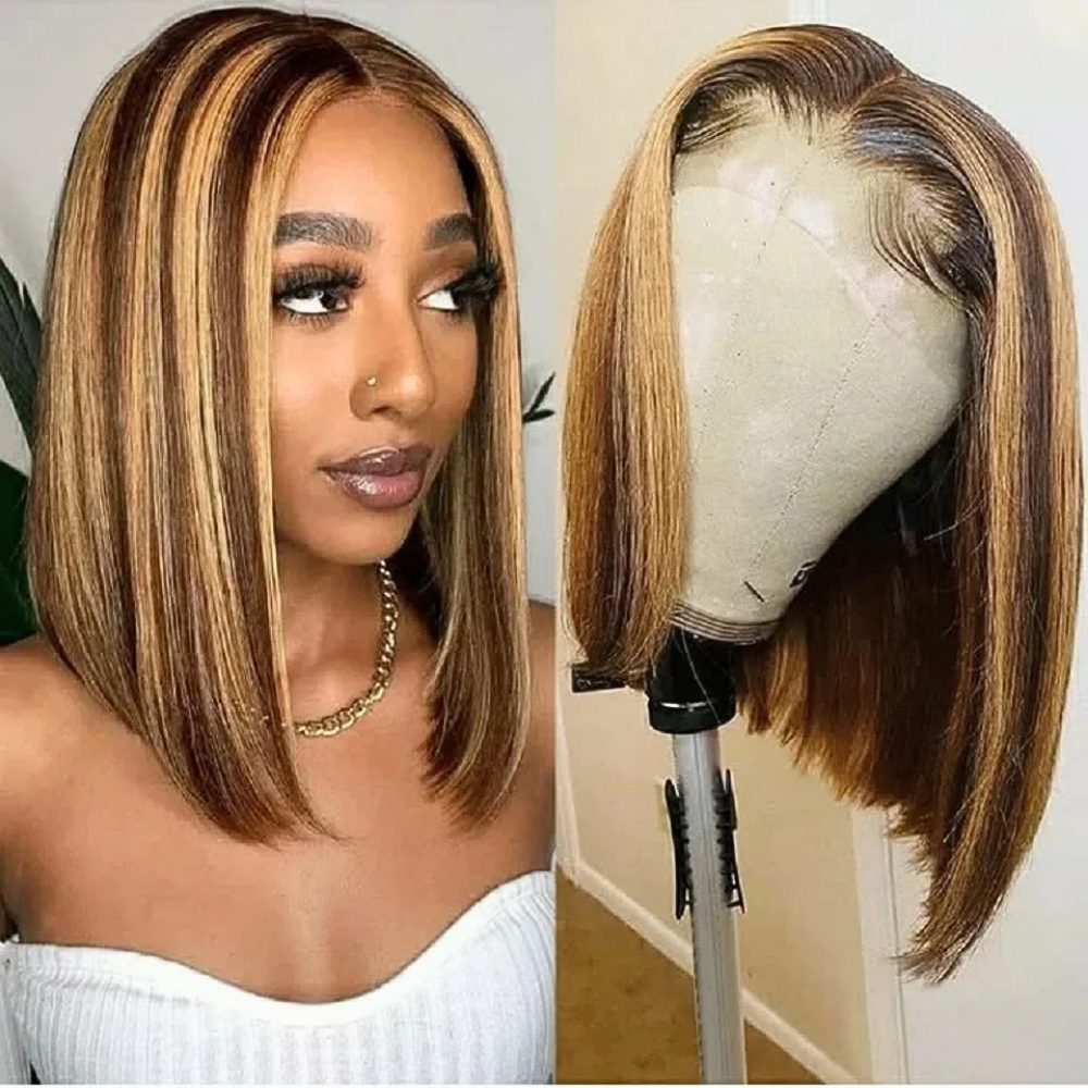 Parrucca con Capelli Veri Castani con Meches Caramello Dorato