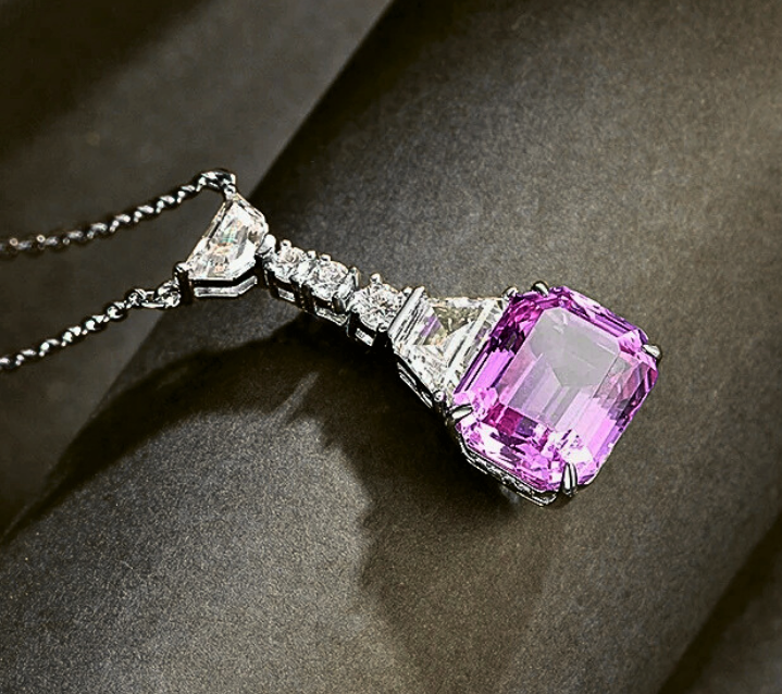 Collana con Zaffiro Rosa di Ct 6 Taglio Smeraldo e Diamanti Coltivati