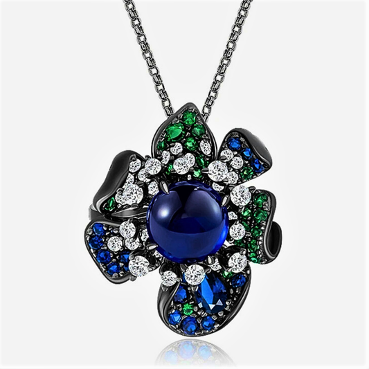 Collana Floreale con Zaffiro Lab Grown, Zaffiri, Smeraldi e Brillanti Sintetici
