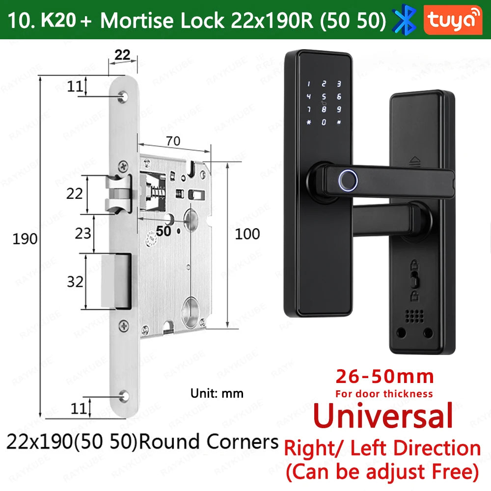 2024 NEW RAYKUBE K20 9-language Biometric Fingerprint Door Lock Electronic Door Lock with  Tuya APP/IC Card/Password/ Key Unlock