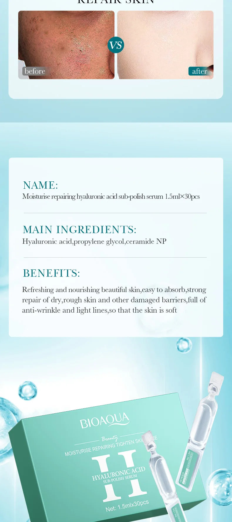 Hyaluronic Acid Hydrating & Repair Vial Serum – Single-Dose Lasting Deep Moisture Skin Barrier Restoring Soothing & Gentle Care