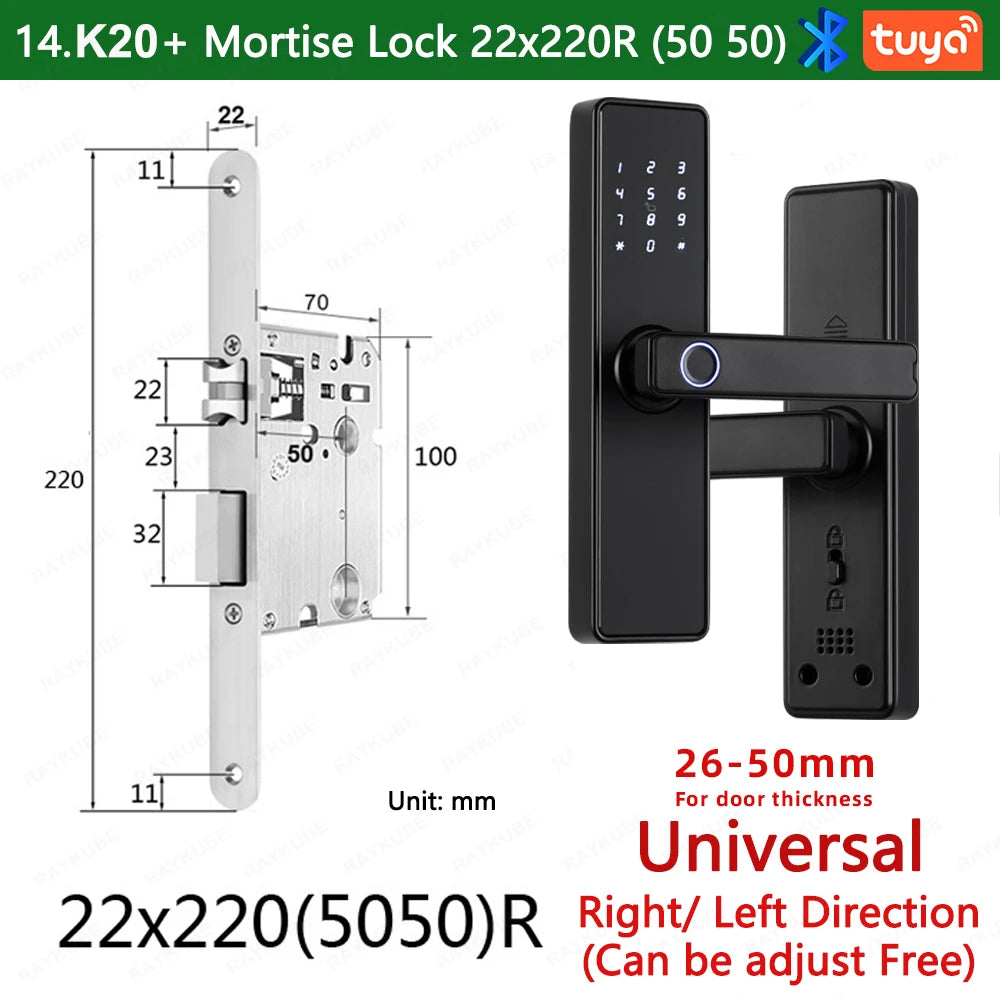 2024 NEW RAYKUBE K20 9-language Biometric Fingerprint Door Lock Electronic Door Lock with  Tuya APP/IC Card/Password/ Key Unlock