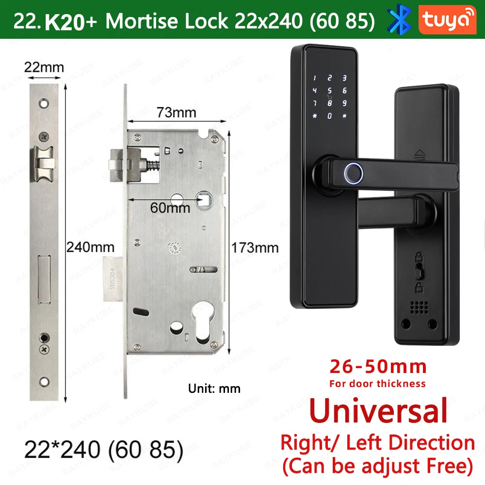 2024 NEW RAYKUBE K20 9-language Biometric Fingerprint Door Lock Electronic Door Lock with  Tuya APP/IC Card/Password/ Key Unlock