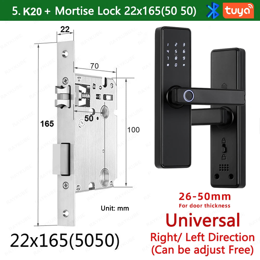 2024 NEW RAYKUBE K20 9-language Biometric Fingerprint Door Lock Electronic Door Lock with  Tuya APP/IC Card/Password/ Key Unlock