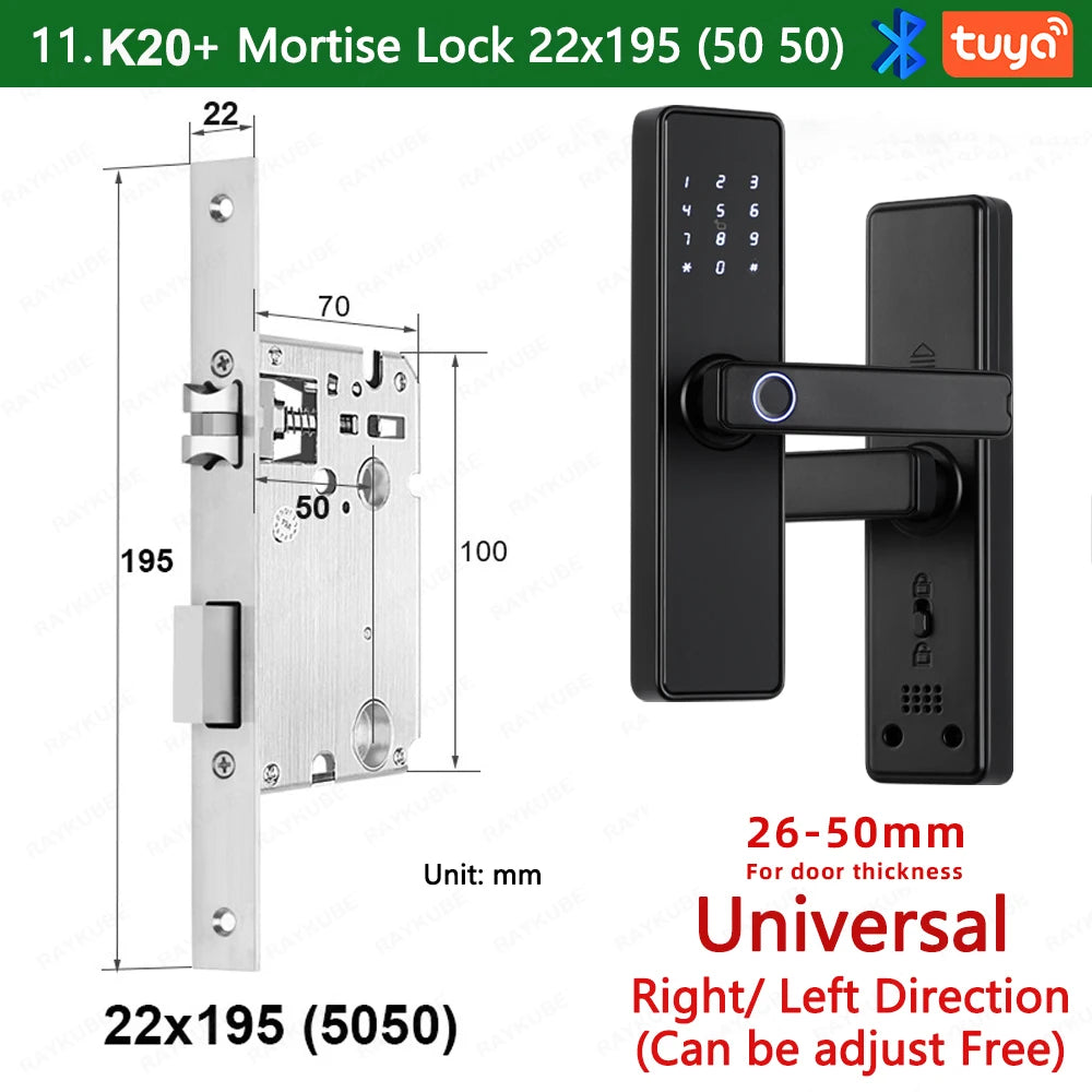 2024 NEW RAYKUBE K20 9-language Biometric Fingerprint Door Lock Electronic Door Lock with  Tuya APP/IC Card/Password/ Key Unlock