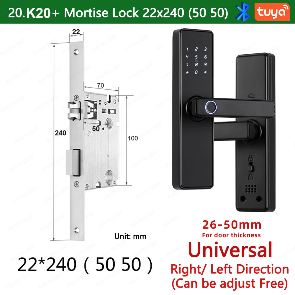 2024 NEW RAYKUBE K20 9-language Biometric Fingerprint Door Lock Electronic Door Lock with  Tuya APP/IC Card/Password/ Key Unlock