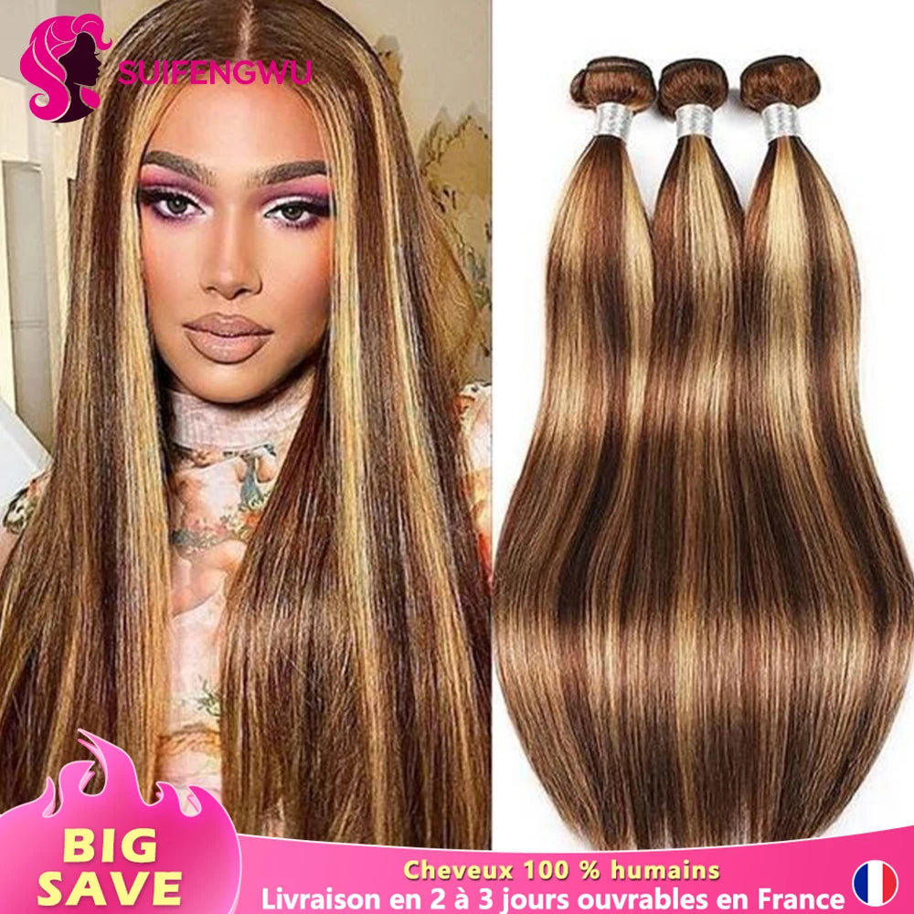 22 24 26 Inch Highlights Human Hair Bunldes P4/27 Straight Human Hair Extension 12A straright Bunldes high quality Raw Haïr Bundles