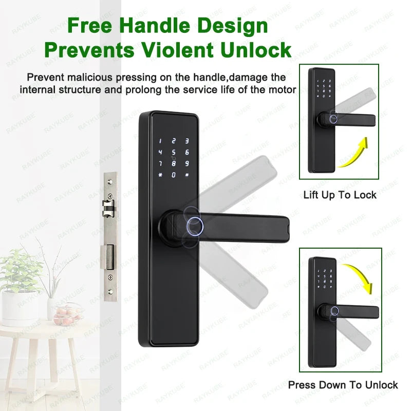 2024 NEW RAYKUBE K20 9-language Biometric Fingerprint Door Lock Electronic Door Lock with  Tuya APP/IC Card/Password/ Key Unlock