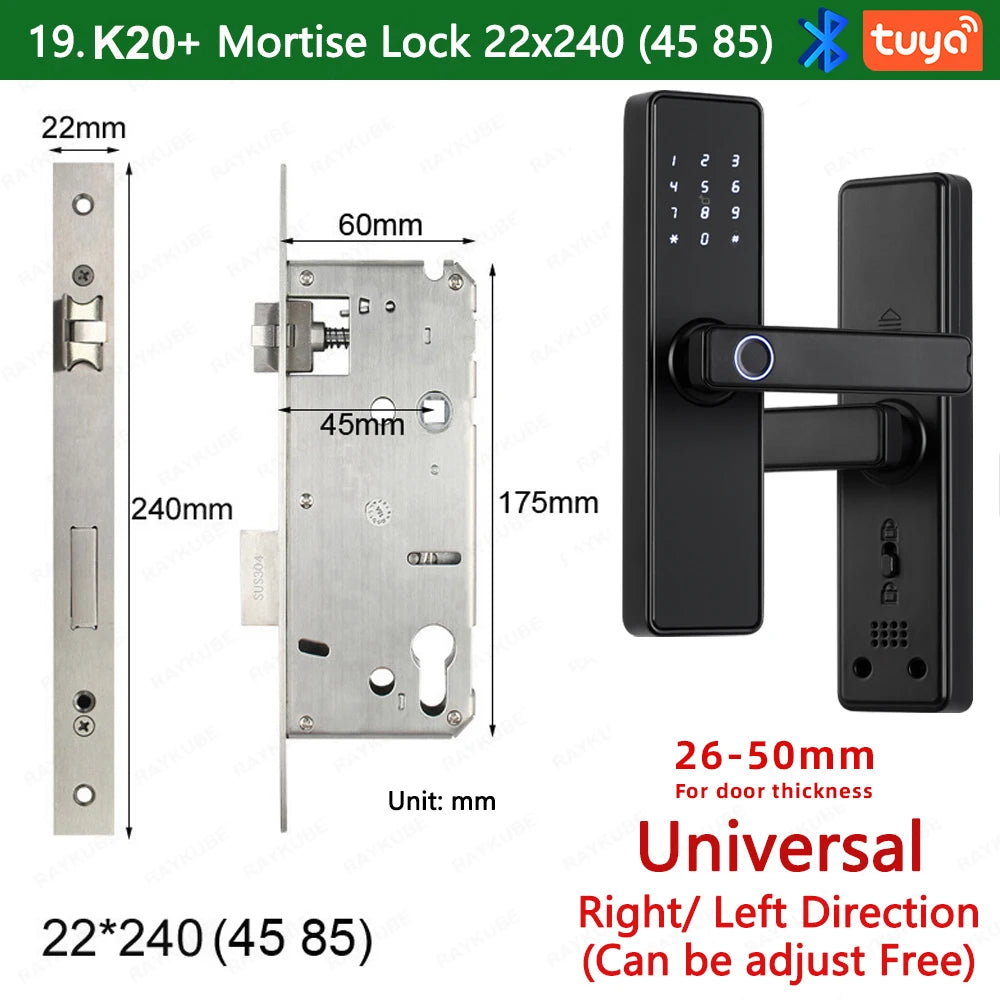 2024 NEW RAYKUBE K20 9-language Biometric Fingerprint Door Lock Electronic Door Lock with  Tuya APP/IC Card/Password/ Key Unlock