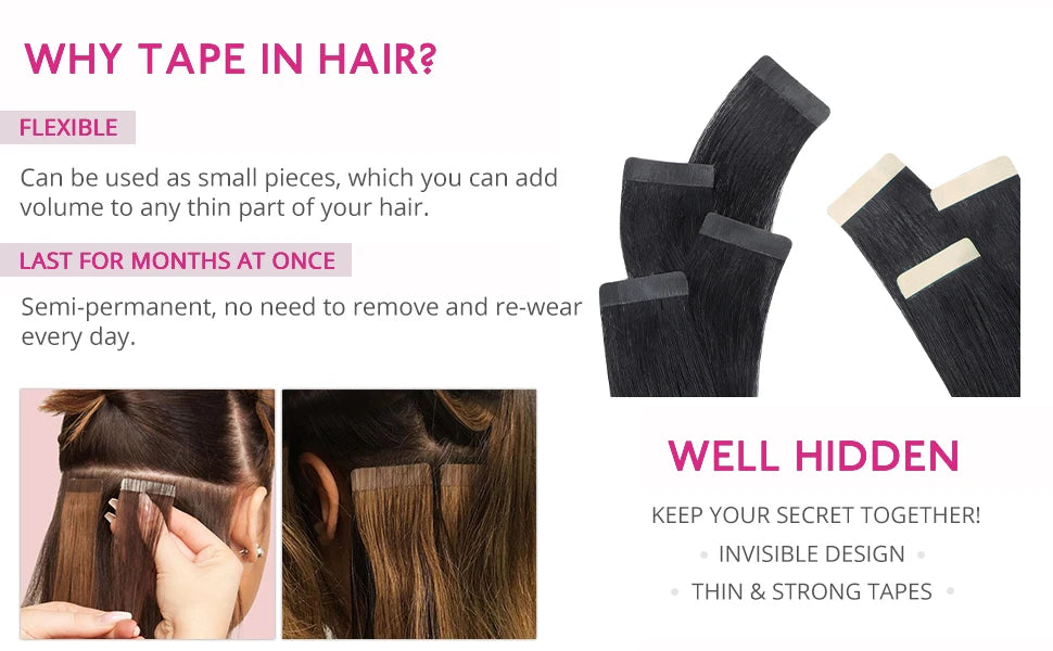 Tape In Hair Extensions Remy Human Hair 20pcs Straight Seamless Skin Weft Tape Hair Extensions Natural Black Hair For Women