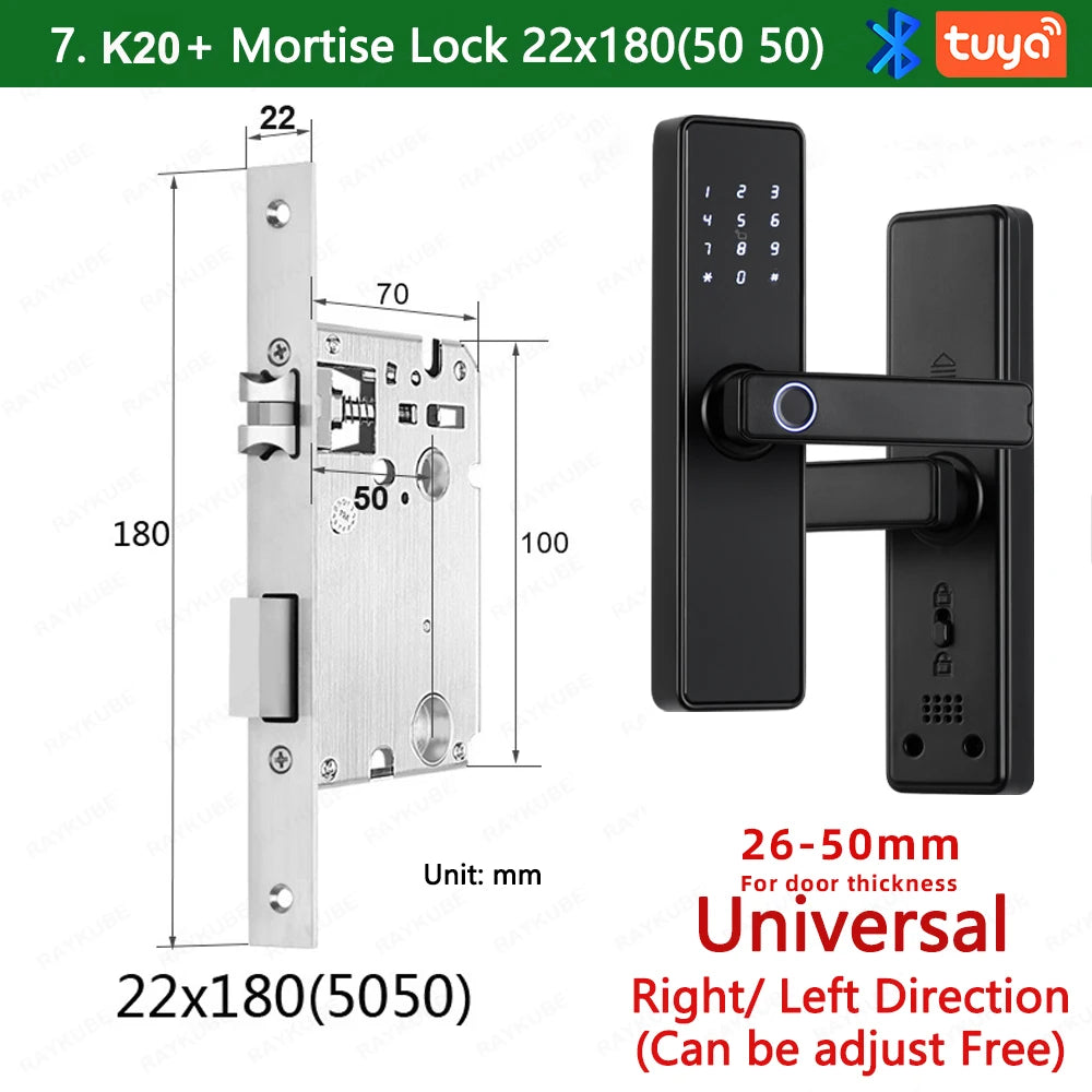 2024 NEW RAYKUBE K20 9-language Biometric Fingerprint Door Lock Electronic Door Lock with  Tuya APP/IC Card/Password/ Key Unlock