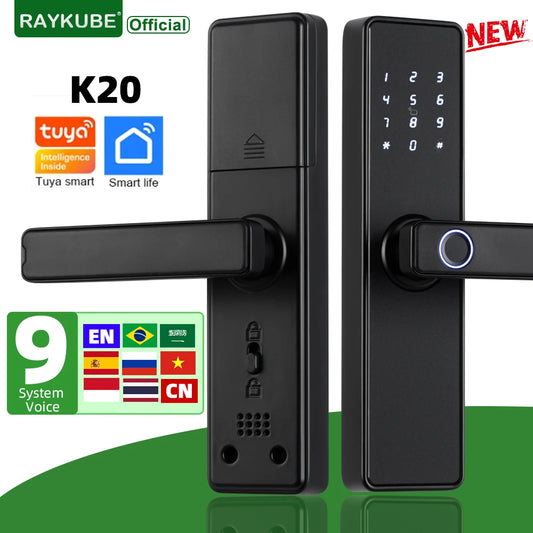 2024 NEW RAYKUBE K20 9-language Biometric Fingerprint Door Lock Electronic Door Lock with  Tuya APP/IC Card/Password/ Key Unlock