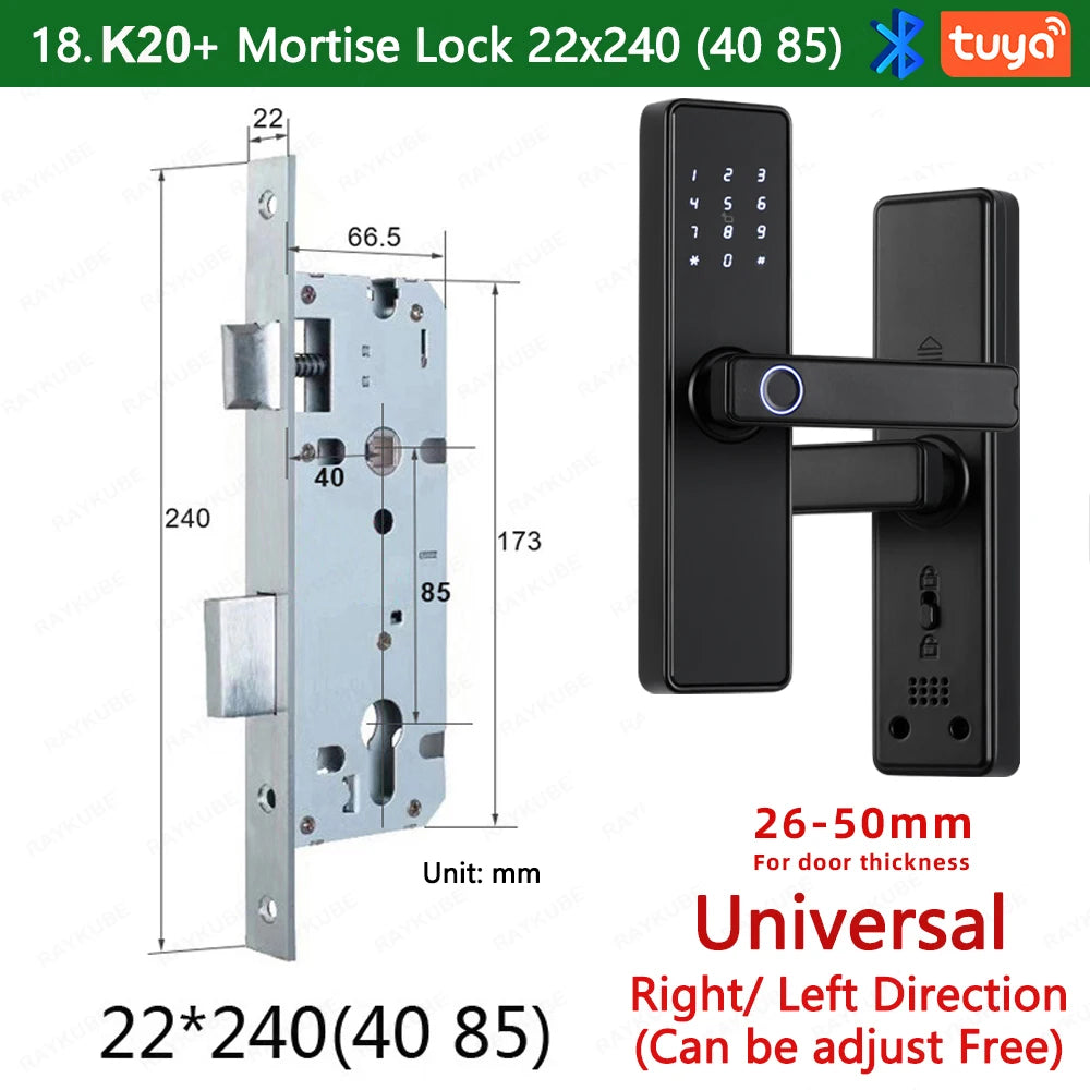 2024 NEW RAYKUBE K20 9-language Biometric Fingerprint Door Lock Electronic Door Lock with  Tuya APP/IC Card/Password/ Key Unlock