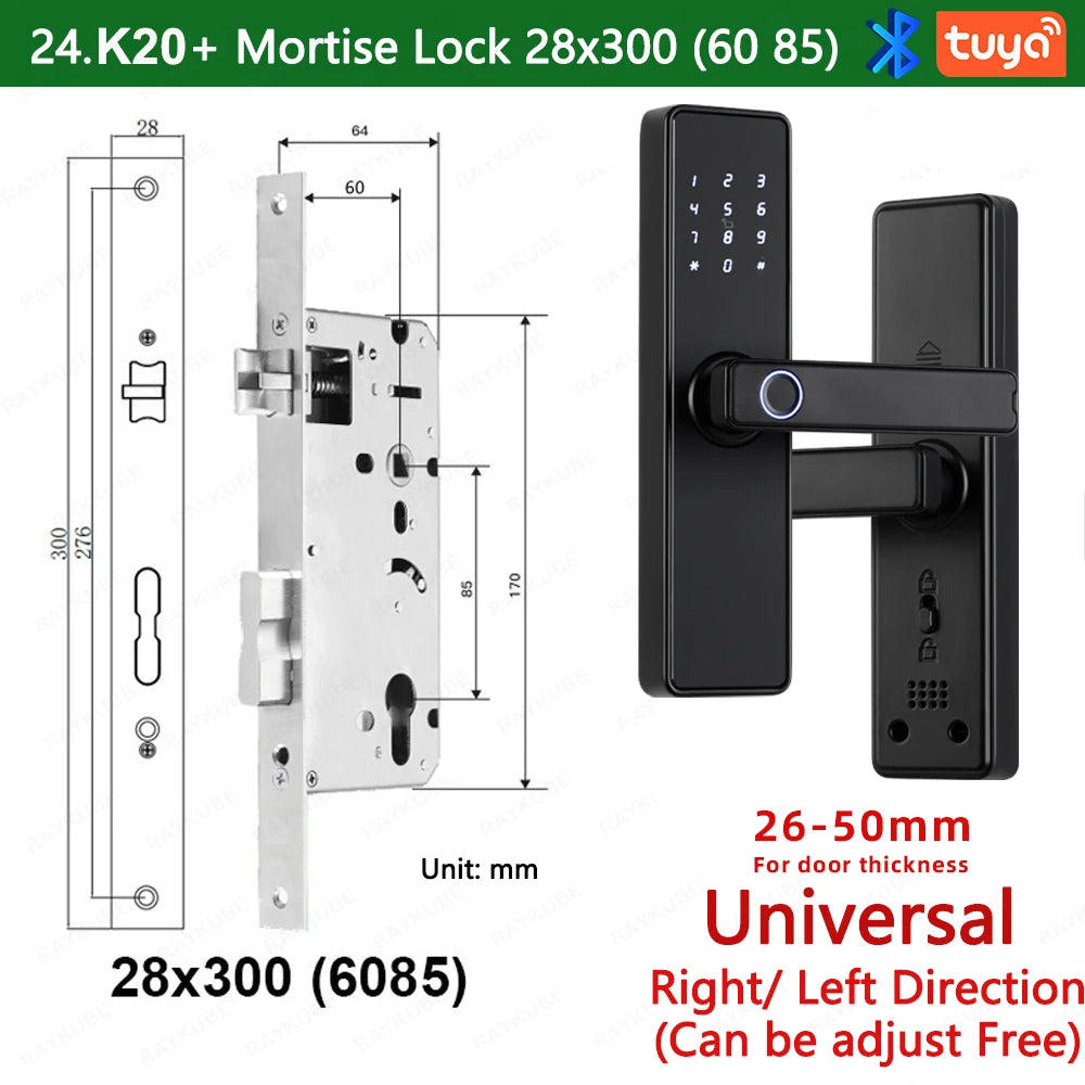2024 NEW RAYKUBE K20 9-language Biometric Fingerprint Door Lock Electronic Door Lock with  Tuya APP/IC Card/Password/ Key Unlock