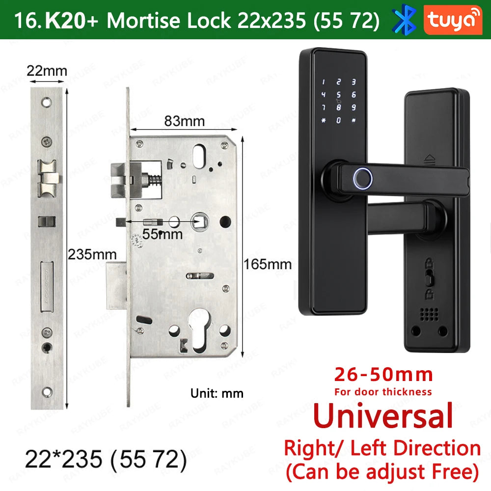 2024 NEW RAYKUBE K20 9-language Biometric Fingerprint Door Lock Electronic Door Lock with  Tuya APP/IC Card/Password/ Key Unlock