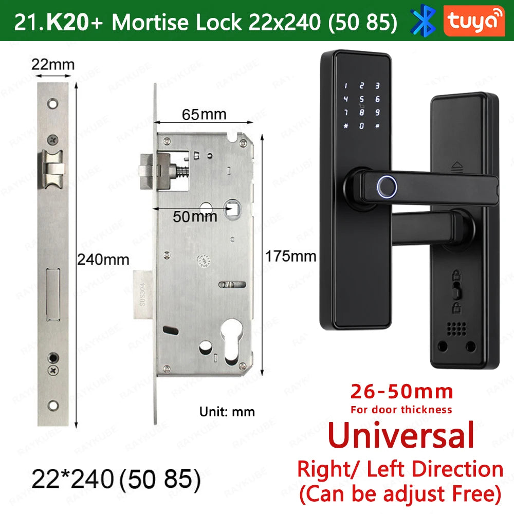 2024 NEW RAYKUBE K20 9-language Biometric Fingerprint Door Lock Electronic Door Lock with  Tuya APP/IC Card/Password/ Key Unlock