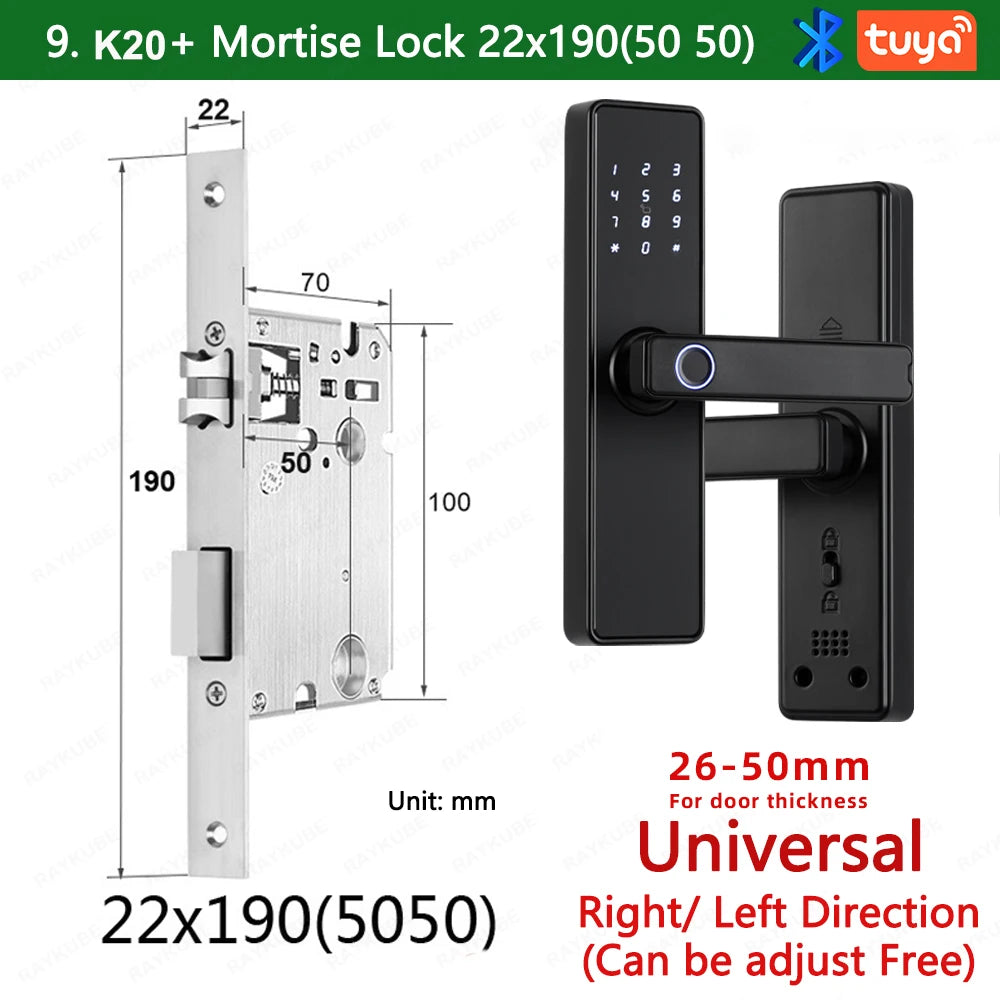 2024 NEW RAYKUBE K20 9-language Biometric Fingerprint Door Lock Electronic Door Lock with  Tuya APP/IC Card/Password/ Key Unlock