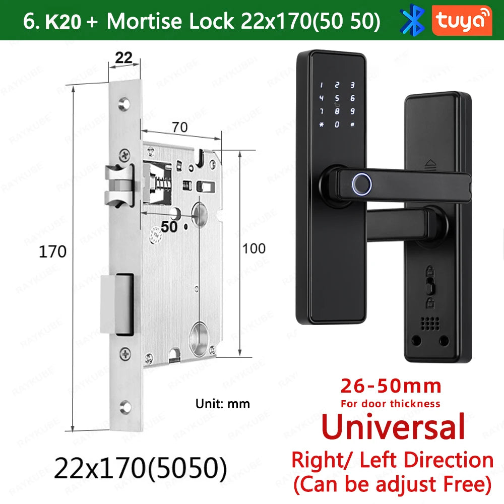 2024 NEW RAYKUBE K20 9-language Biometric Fingerprint Door Lock Electronic Door Lock with  Tuya APP/IC Card/Password/ Key Unlock