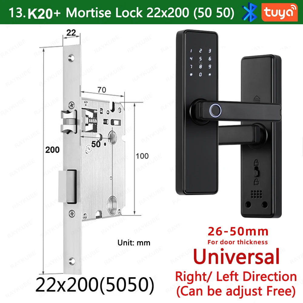 2024 NEW RAYKUBE K20 9-language Biometric Fingerprint Door Lock Electronic Door Lock with  Tuya APP/IC Card/Password/ Key Unlock