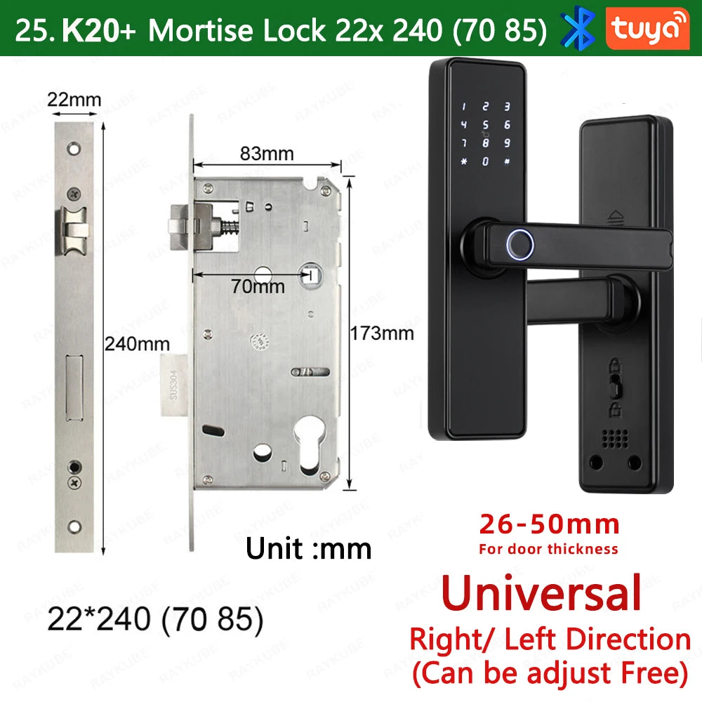 2024 NEW RAYKUBE K20 9-language Biometric Fingerprint Door Lock Electronic Door Lock with  Tuya APP/IC Card/Password/ Key Unlock