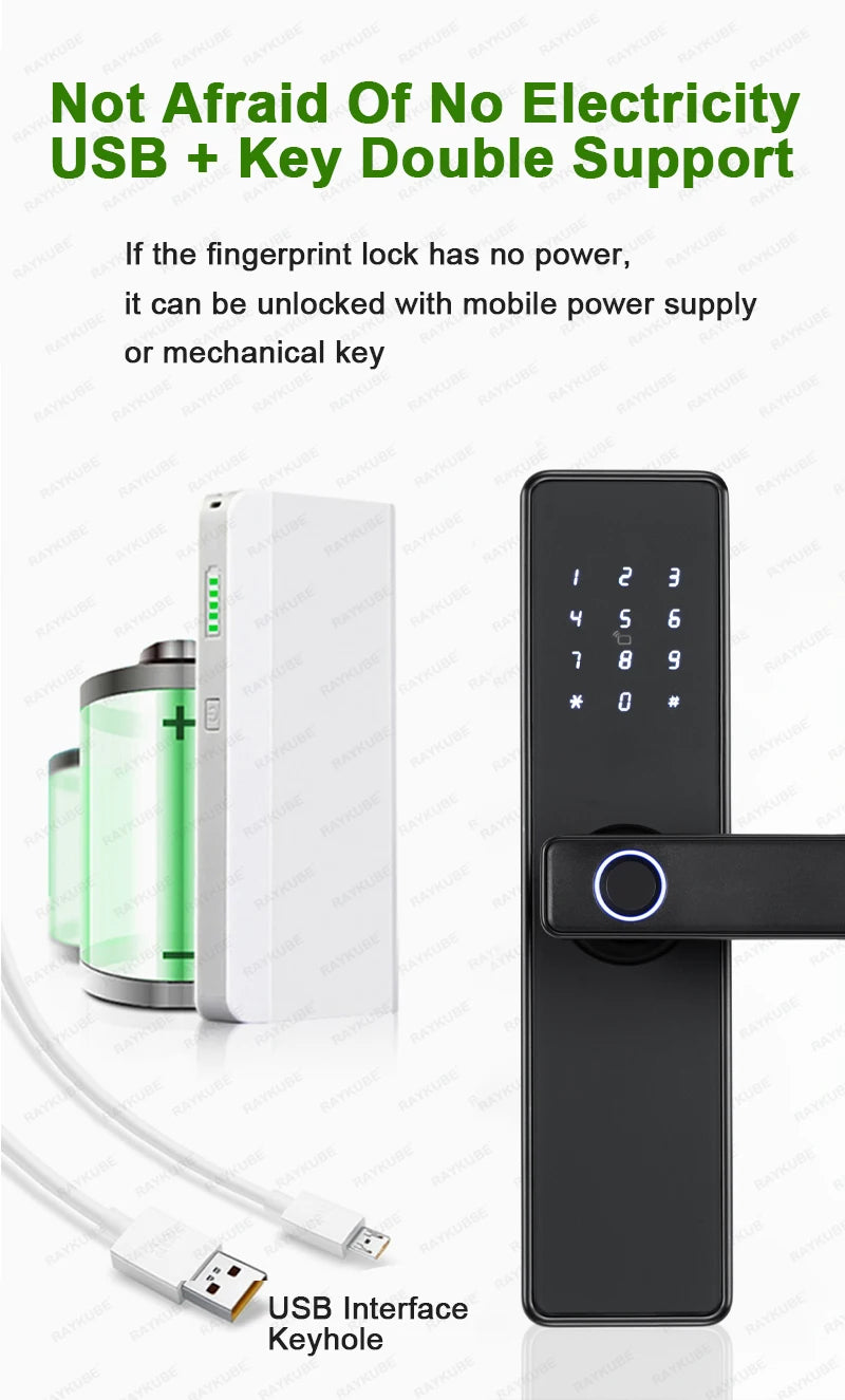 2024 NEW RAYKUBE K20 9-language Biometric Fingerprint Door Lock Electronic Door Lock with  Tuya APP/IC Card/Password/ Key Unlock