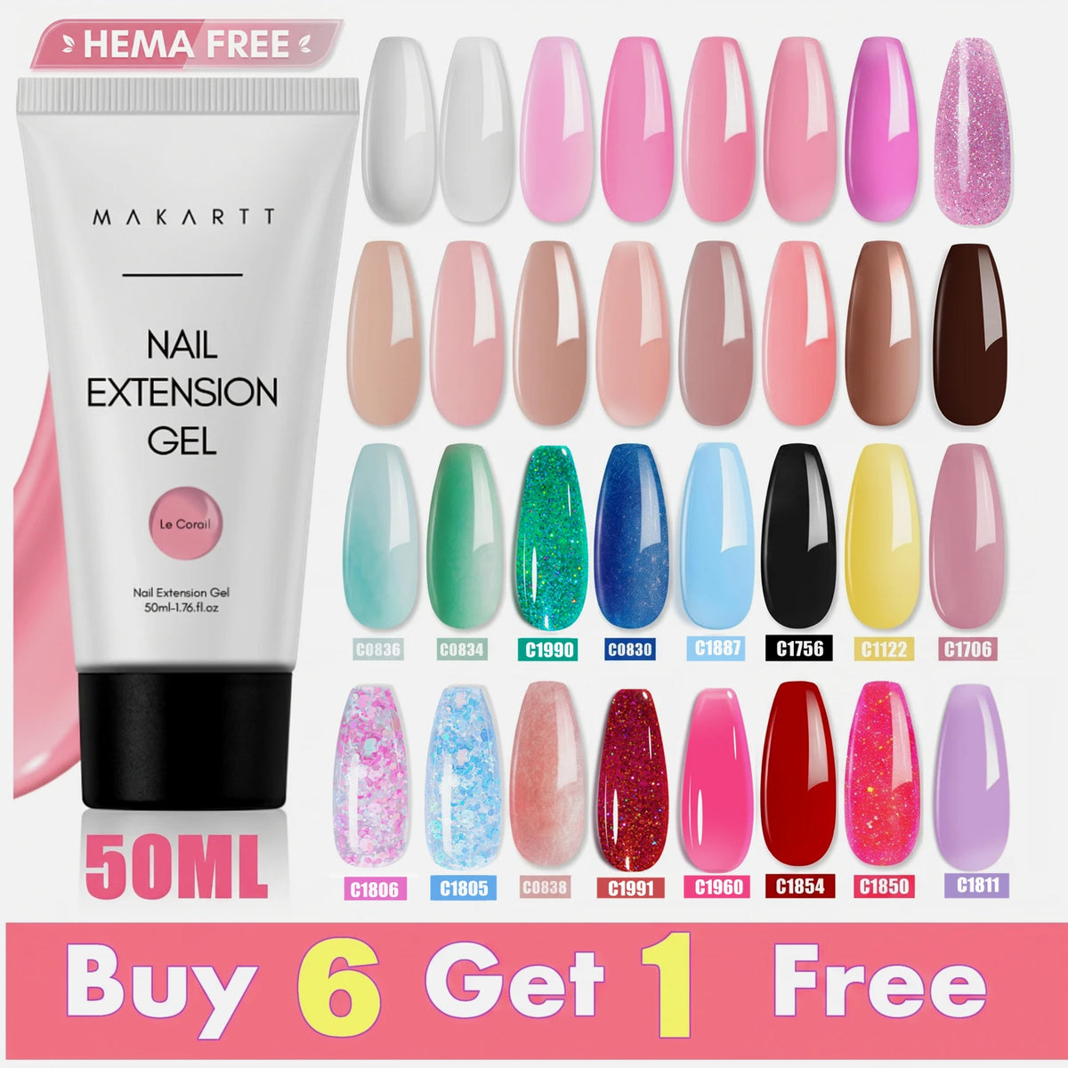 Makartt HEMA-Free Poly Nail Extension Gel 50ml, Hybrid Acrygel Builder Multi-Color, Long-Lasting French Manicure DIY Nail Art