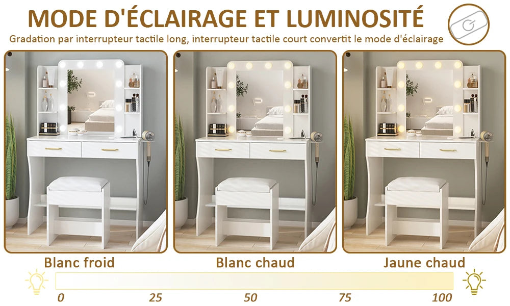 Mihtrov Level-shelves Makeup Table For Small Aparttment Adjustable Led Light Mirror Dressing Desk With Makeup Stool Detachable Vanity Desk Gift For Daughter & Friends