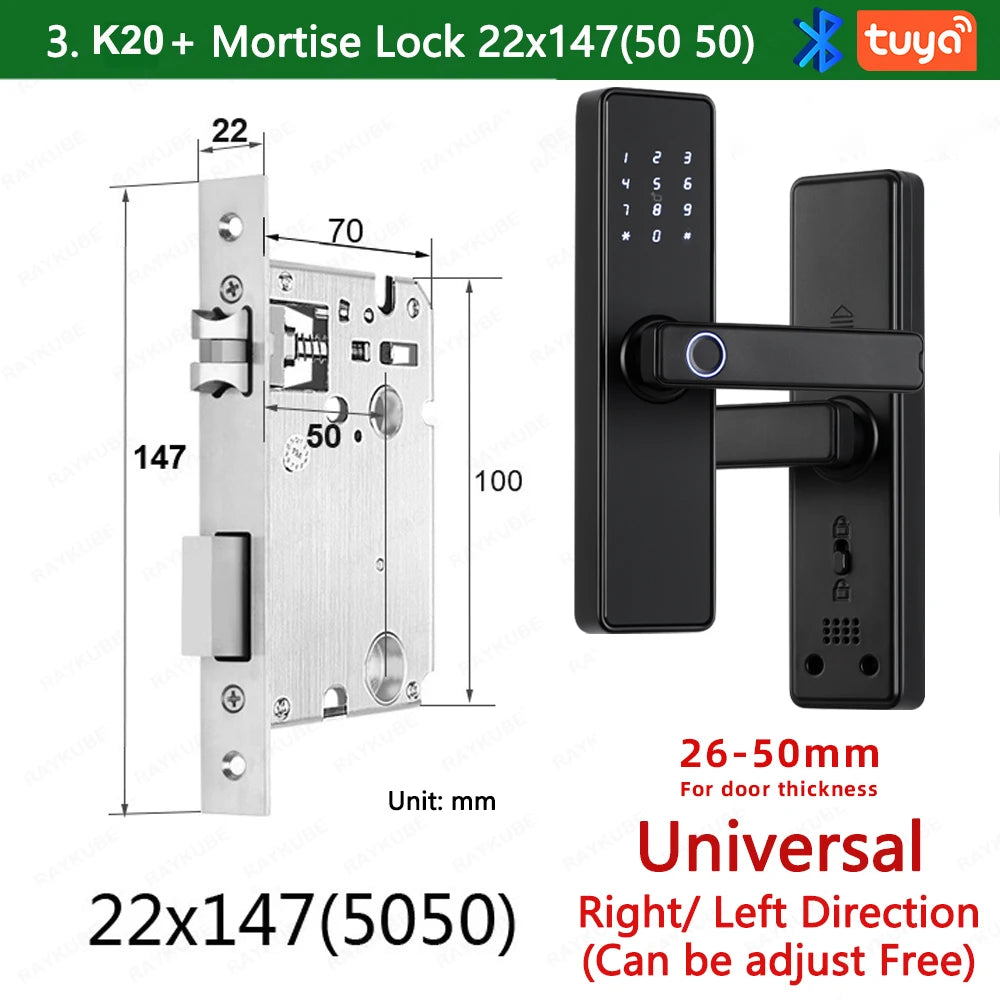 2024 NEW RAYKUBE K20 9-language Biometric Fingerprint Door Lock Electronic Door Lock with  Tuya APP/IC Card/Password/ Key Unlock