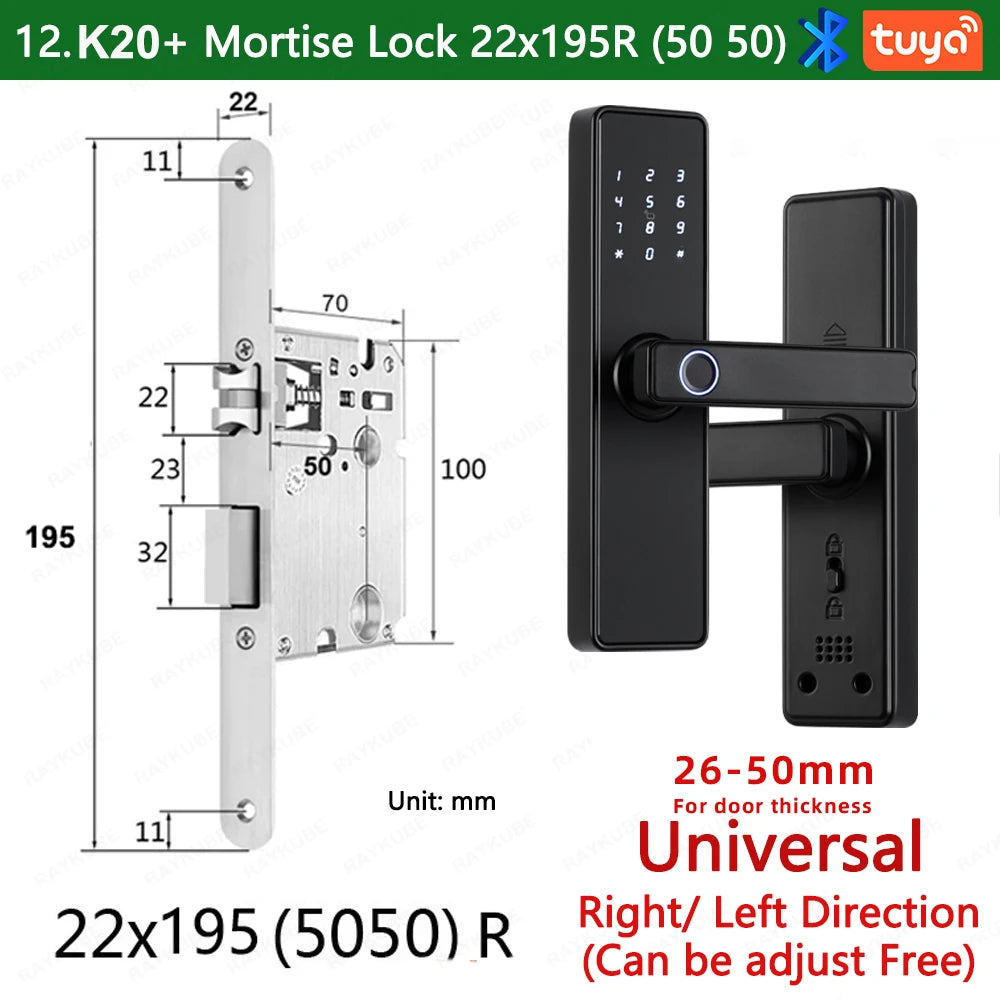 2024 NEW RAYKUBE K20 9-language Biometric Fingerprint Door Lock Electronic Door Lock with  Tuya APP/IC Card/Password/ Key Unlock