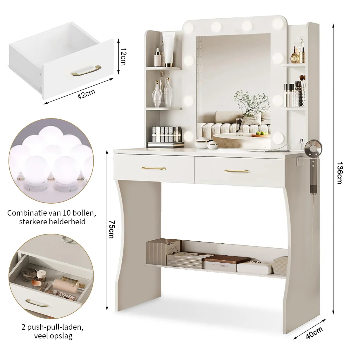 Mihtrov Level-shelves Makeup Table For Small Aparttment Adjustable Led Light Mirror Dressing Desk With Makeup Stool Detachable Vanity Desk Gift For Daughter & Friends