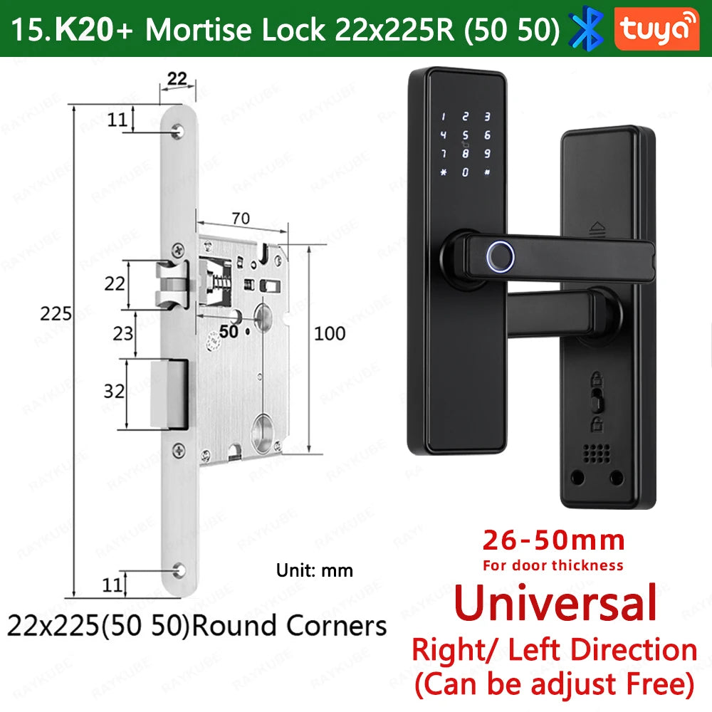 2024 NEW RAYKUBE K20 9-language Biometric Fingerprint Door Lock Electronic Door Lock with  Tuya APP/IC Card/Password/ Key Unlock