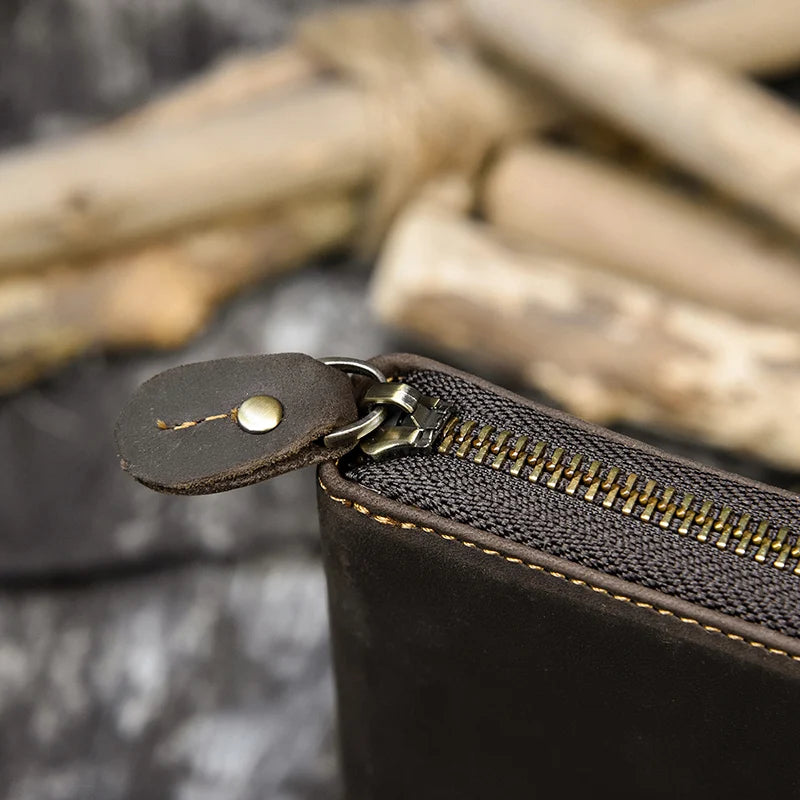 Men's crazy horse Leather long wallet Zip around genuine leather wallet Phone case purse with coin pocket 4 interlayer pocket