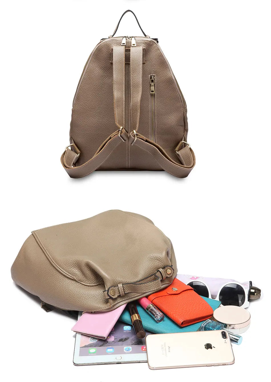 Zency Women Stylish Classic Backpack Khaki Genuine Leather Knapsack Satchel Purse Roomy with Pockets Fit A4 Ipad 9.7'' Rucksack