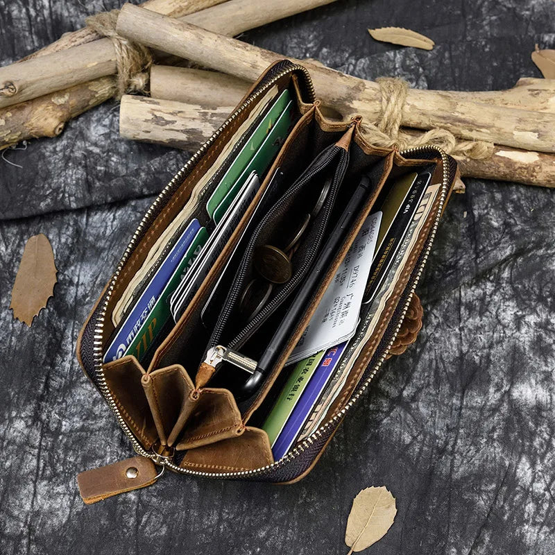 Men's crazy horse Leather long wallet Zip around genuine leather wallet Phone case purse with coin pocket 4 interlayer pocket