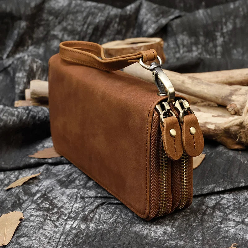 Men's crazy horse Leather long wallet Zip around genuine leather wallet Phone case purse with coin pocket 4 interlayer pocket
