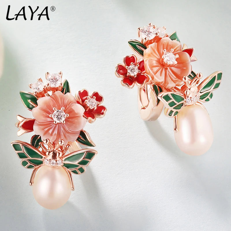 Laya 925 Sterling Silver High Quality Zircon Natural Pearl Shell Flower Leaf Enamel Drop Earrings For Women Trendy Jewelry