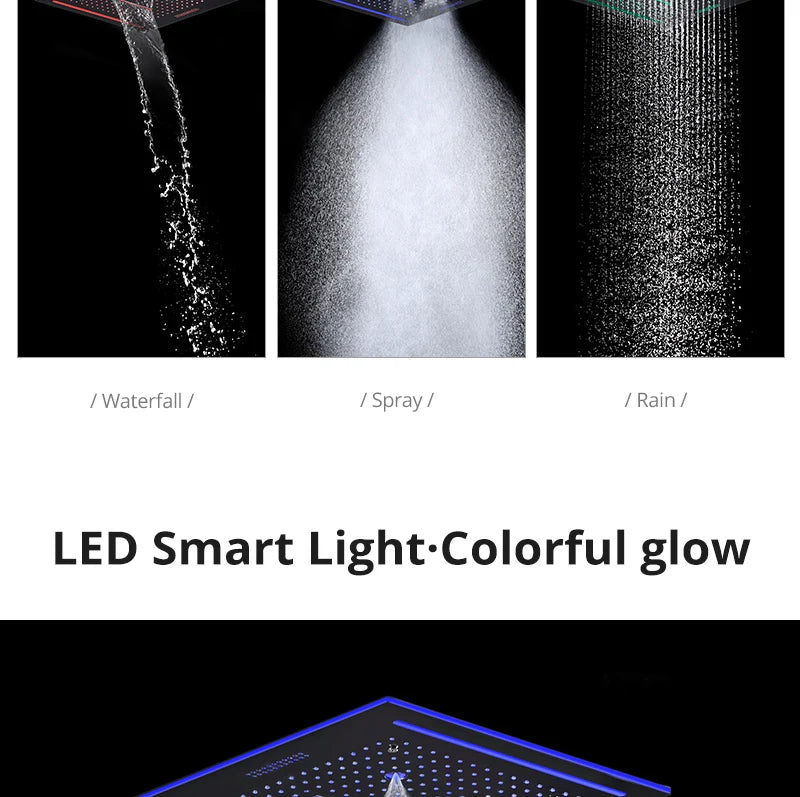 Stainles Steel 304 16inch 40cm Square Bluetooth Music LED Shower Head Panel Set Spray Rainfall Steam Thermostatic Mixer Faucet