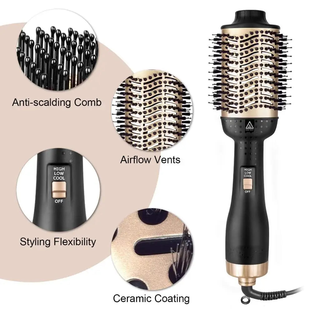 Gold One Step Hair Dryer & Volumizer Magic Brush Straightening Curling Hot Air Rotary Blower Tangle Detangling Comb for Hair
