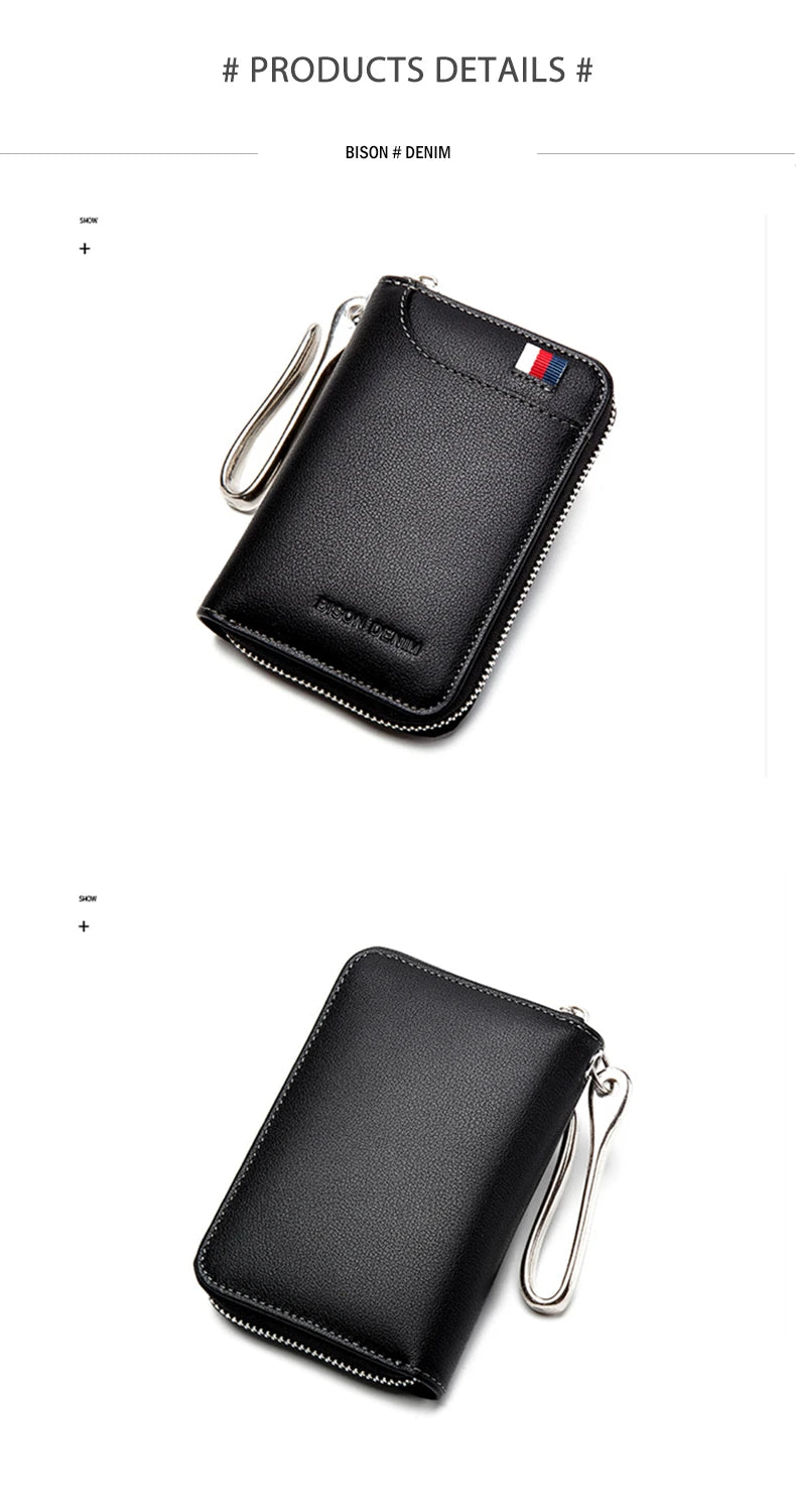 BISON DENIM Genuine Leather Key Wallet Male Card Keychain Cover Zipper Card Holder Wallet Key Organizer Large Capacity N9462