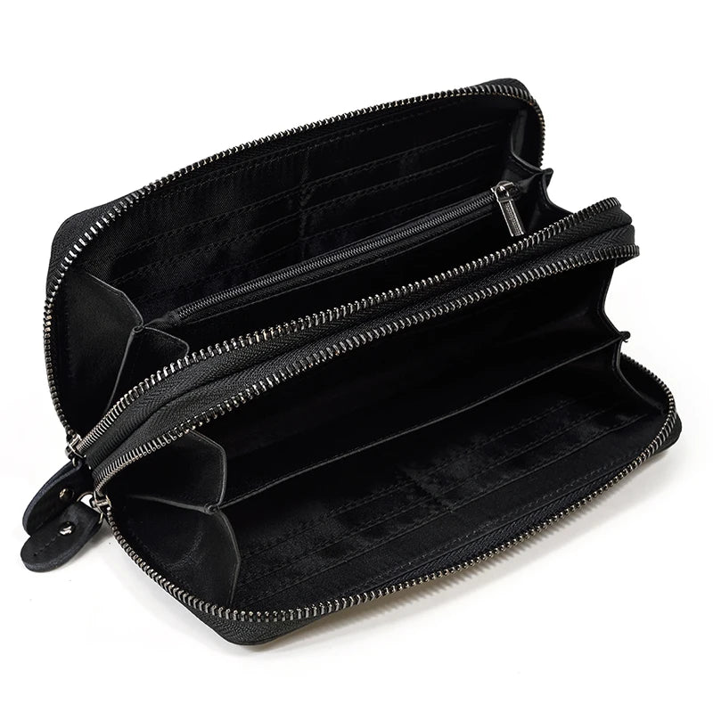 Men's crazy horse Leather long wallet Zip around genuine leather wallet Phone case purse with coin pocket 4 interlayer pocket