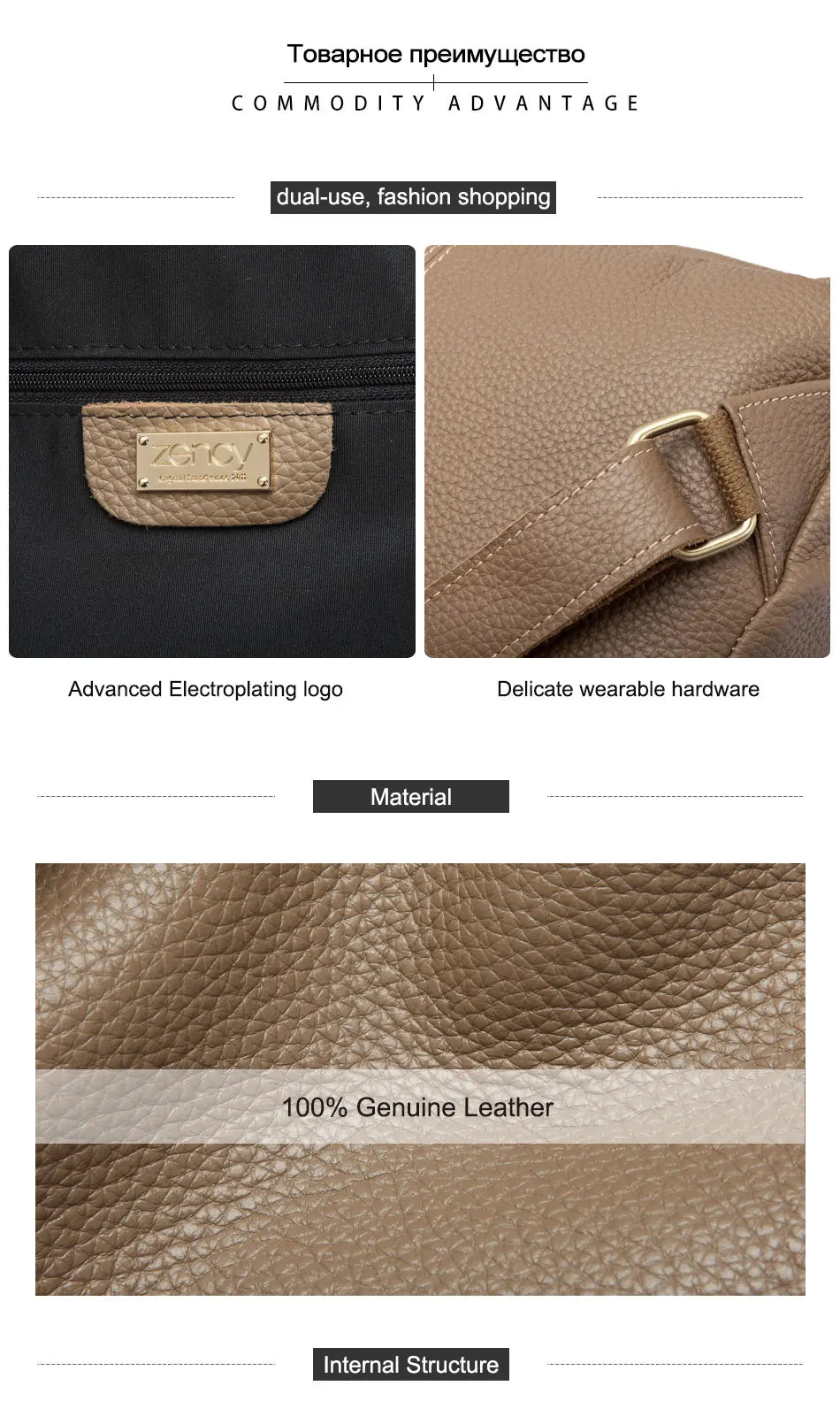 Zency Women Stylish Classic Backpack Khaki Genuine Leather Knapsack Satchel Purse Roomy with Pockets Fit A4 Ipad 9.7'' Rucksack