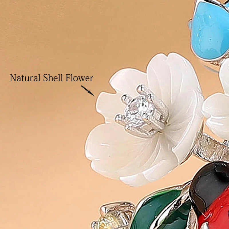 Laya 925 Sterling Silver Fashion Natural Shell Flower Green Leaf Enamel Animal High Quality Zircon Ring For Women Jewelry