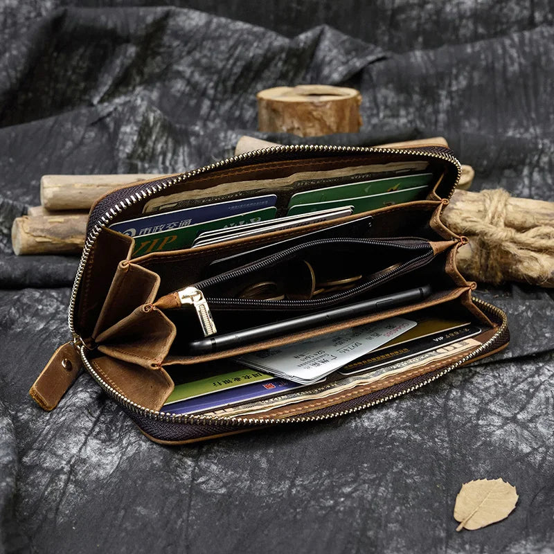 Men's crazy horse Leather long wallet Zip around genuine leather wallet Phone case purse with coin pocket 4 interlayer pocket