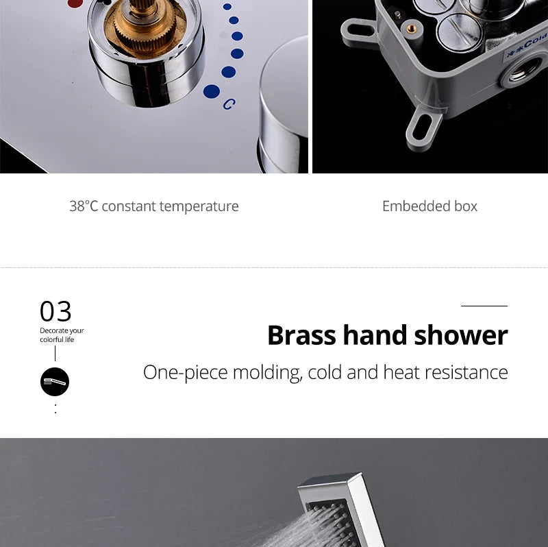 Stainles Steel 304 16inch 40cm Square Bluetooth Music LED Shower Head Panel Set Spray Rainfall Steam Thermostatic Mixer Faucet
