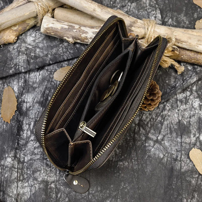 Men's crazy horse Leather long wallet Zip around genuine leather wallet Phone case purse with coin pocket 4 interlayer pocket