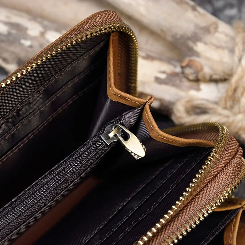 Men's crazy horse Leather long wallet Zip around genuine leather wallet Phone case purse with coin pocket 4 interlayer pocket