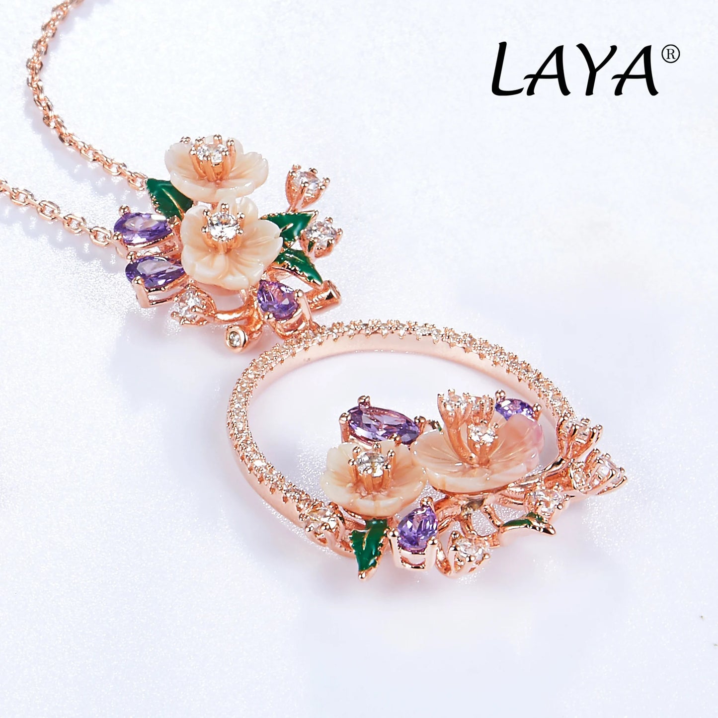 LAYA 925 Sterling Silver Fashion Natural Shell Flower Green Leaf Enamel High Quality Zircon Necklace For Women Wedding Jewelry